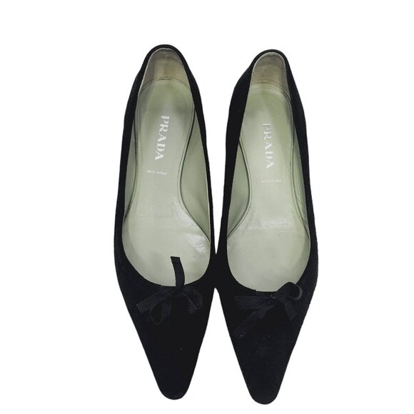 Prada Suede Bow Flats Shoes Women's Size 38.5 Black US 8.5 Slip On Fairy Goth - Picture 2 of 13